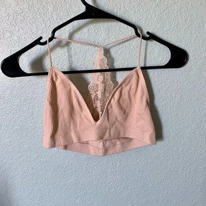 Beige Pink Urban Outfitters Ribbed Lace Back Thin Strap Bralette Medium (M)